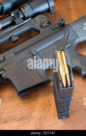 Bushmaster AR-15 fucile da assalto con 30 round: 5,56mm magazine, closeup realizzati in Windham ME Foto Stock