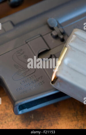 Bushmaster AR-15 fucile da assalto con 30 round: 5,56mm magazine, closeup realizzati in Windham ME Foto Stock