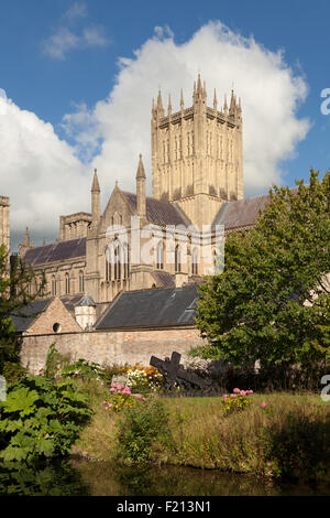 Cattedrale di Wells e il Palazzo dei Vescovi fossato, pozzi, Somerset England Regno Unito Foto Stock