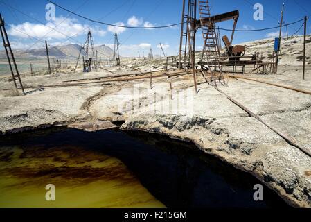 Azerbaigian, Baku, Bibi Heybat, annuendo asino pompe olio pompaggio di olio da un campo di olio Foto Stock