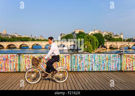 Francia, Parigi, zona elencata come patrimonio mondiale dall'UNESCO, la Passerelle des Arts, tempory pannelli per ringhiera decorata da arte di strada Foto Stock