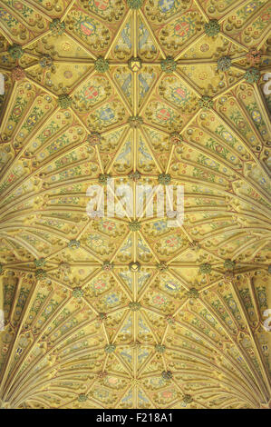 Il allestita ventola gotico soffitto a volte di Sherborne Abbey con il suo design colorato e simboli. Il Dorset, Inghilterra, Regno Unito. Foto Stock