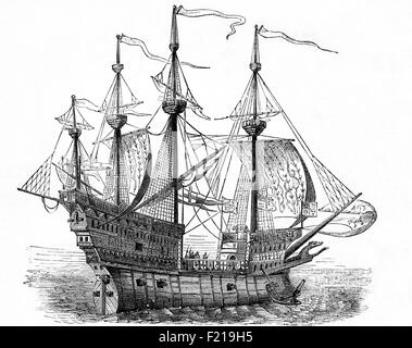 La Mary Rose è una nave da guerra a cremagliera della marina inglese Tudor del re Enrico VIII Ha servito per 33 anni in parecchie guerre contro la Francia, la Scozia e la Bretagna. Dopo essere stata sostanzialmente ricostruita nel 1536, ha visto la sua ultima azione il 19 luglio 1545. Guidò l'attacco alle galee di una flotta d'invasione francese, ma affondò nel Solent, gli stretti a nord dell'Isola di Wight. Da un disegno originale dell'artista del XVI secolo, Hans Holbein. Foto Stock