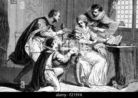 Lady Jane Grey (1536–1554), una nobildonna inglese regnò sulla morte di Edoardo VI dal 10 luglio al 19 luglio 1553. Jane, spesso chiamata Regina dei nove giorni, fu imprigionata nella Torre il 19 luglio 1553, insieme al marito, il duca di Northumberland, giustiziato il 22 agosto 1553. In settembre, il Parlamento ha dichiarato Maria il legittimo successore e ha denunciato e revocato l'annuncio di Jane. Fu giustiziata il 12 febbraio 1554. Foto Stock