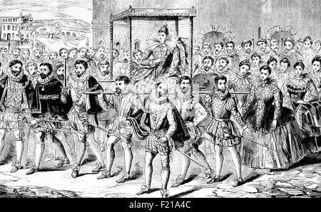 Processione statale inglese della Regina Elisabetta i intorno al 1561. Fin dall'inizio del suo regno, la regina Elisabetta i sapeva come guadagnare popolarità con la gente comune. Durante la prima settimana del suo regno, ha fatto di ogni persona che aveva fiancheggiato le strade per vedere la sua sensazione di essere stata la sua attenzione. Elizabeth sapeva già come giocare ad un pubblico. I suoi talenti per le buone relazioni pubbliche servirebbero il suo bene durante il suo regno. Foto Stock