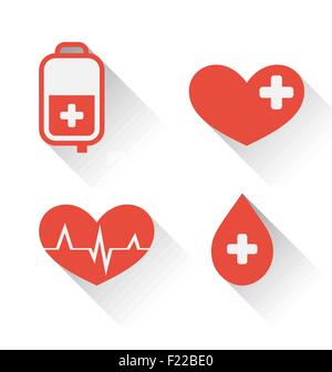 Piatto icone mediche di donare il sangue con lunga ombra Illustrazione Vettoriale