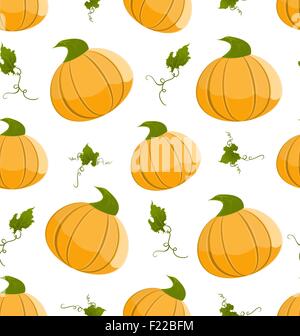 Modello senza cuciture con orange zucche e foglie verdi. Illustrazione Vettoriale. Illustrazione Vettoriale