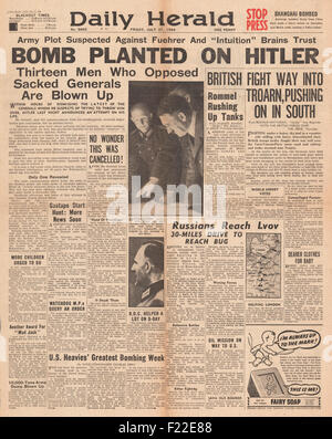 1944 Daily Herald pagina anteriore reporting attentato contro Adolf Hitler Foto Stock