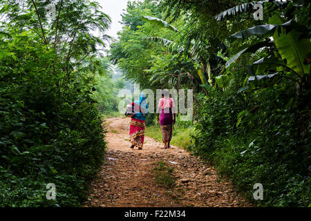 Due persone di mezza età contadino Nepalese donne percorrendo a piedi su un sentiero forestale Foto Stock