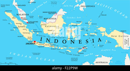 Indonesia mappa politico con capitale Giacarta, i confini nazionali e importanti città. Etichetta inglese e la scala. Illustrazione. Foto Stock