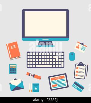 Icone sul posto di lavoro e oggetto, piatto alla moda stile minimal Illustrazione Vettoriale