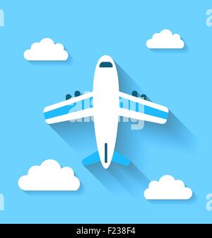 Icone semplici del piano e le nuvole con lunghe ombre, appartamento moderno Illustrazione Vettoriale