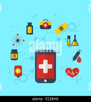 Smart phone con icone di medici per il web design, moderno stile piatto Illustrazione Vettoriale
