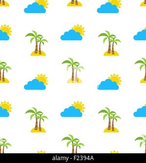 Abstract Seamless Pattern con alberi di palma tropicali, sole e nuvole. Estate sfondo. Infinite Texture Stampa. Disegno di tessuto. Wallpaper Illustrazione Vettoriale