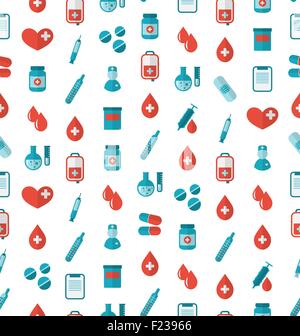 Modello senza cuciture con piatto Medical icone, sfondo di ripetizione Illustrazione Vettoriale