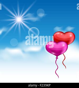 Due cuori lucida palloncini per il giorno di San Valentino battenti nel blu Illustrazione Vettoriale