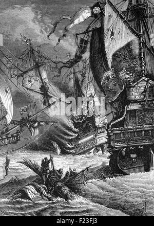 La sconfitta di battaglia navale di Gravelines in inglese il canale off nelle Fiandre (Belgio) nel settembre 1588, della Armada spagnola dalla Regina Elisabetta I la Royal Navy. Foto Stock