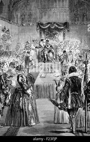 L'inglese Incoronazione di Giacomo I (1566 - 1625), Re di Inghilterra e Irlanda, il 25 luglio, 1603 alla morte della regina Elisabetta I. era anche re degli scozzesi come Giacomo VI dal 24 luglio 1567. Foto Stock