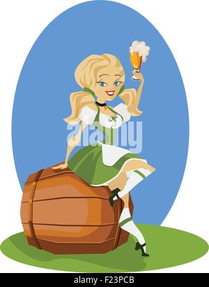 Ragazza di birra in dirndl sul barile con pretzel pinup Illustrazione Vettoriale