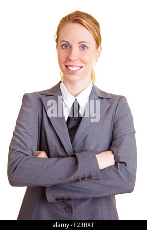 Blonde business donna in un vestito con un tirante Foto Stock