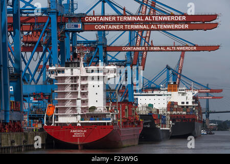 Caricamento del contenitore nave Amerdijk, container terminal Altenwerder, CTA, porto di Amburgo, Amburgo, Germania