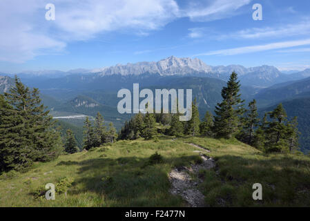 Vista del massiccio dello Zugspitze dal sentiero escursionistico da/per mountain Schellschlicht nel sole del pomeriggio, Grainau, Germania Foto Stock