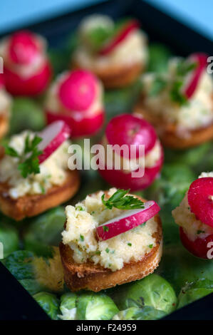 Canapes, piccolo cibo per le dita adatto per le feste. Foto Stock