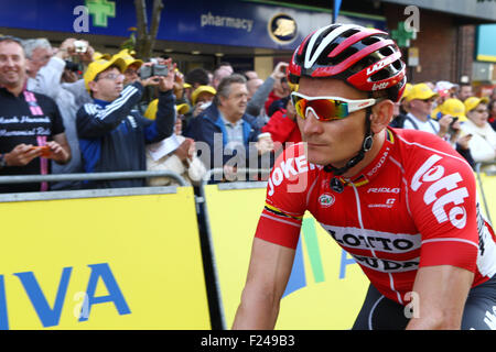 Stoke, UK. Undicesimo Sep, 2015. Tour della Gran Bretagna Fase sei. Stoke a Nottingham. Andre Greipel (Lotto Soudal) attende per la partenza della gara. Credito: Azione Sport Plus/Alamy Live News Foto Stock