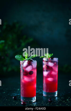 Due bicchieri di mirtillo palustre e menta punch al rum con la menta guarnire e ghiaccio vengono visualizzati in uno sfondo scuro. Foto Stock