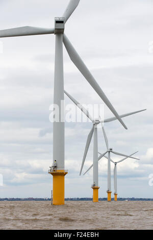 Gunfleet Sands offshore wind farm è di proprietà e gestito da Dong energy. Esso consiste di 48 turbine off Brightlingsea in Essex, Regno Unito, e ha una capacità di 172 MW, abbastanza per potere 125.000 case. Foto Stock