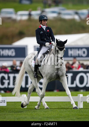 11 settembre 2015, Blair Atholl, Scozia. Francesco Whittington [GBR] equitazione facile bersaglio in azione durante la loro prova di dressage il secondo giorno. Francesco sta facendo il suo senior team debutto per la Gran Bretagna. Il Longines FEI European Eventing Championships 2015 Castello di Blair. Credito: Stephen Bartolomeo/Alamy Live News Foto Stock