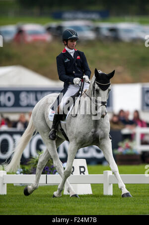 11 settembre 2015, Blair Atholl, Scozia. Francesco Whittington [GBR] equitazione facile bersaglio in azione durante la loro prova di dressage il secondo giorno. Francesco sta facendo il suo senior team debutto per la Gran Bretagna. Il Longines FEI European Eventing Championships 2015 Castello di Blair. Credito: Stephen Bartolomeo/Alamy Live News Foto Stock