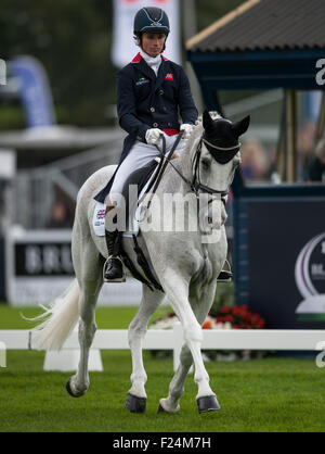 11 settembre 2015, Blair Atholl, Scozia. Francesco Whittington [GBR] equitazione facile bersaglio in azione durante la loro prova di dressage il secondo giorno. Francesco sta facendo il suo senior team debutto per la Gran Bretagna. Il Longines FEI European Eventing Championships 2015 Castello di Blair. Credito: Stephen Bartolomeo/Alamy Live News Foto Stock