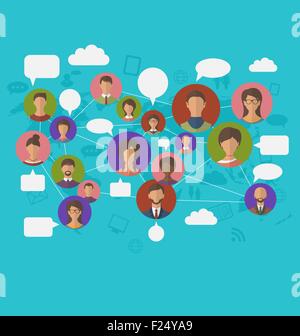 Collegamento sociale sulla mappa del mondo con le icone di persone Illustrazione Vettoriale