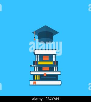 Icone di piana del tappo di graduazione e heap di libri di testo Illustrazione Vettoriale