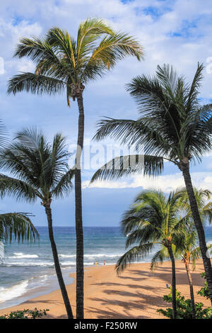 Due jogger incorniciato da palme spiaggia di Kaanapali di Maui Foto Stock