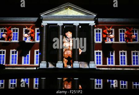 Gembloux. Undicesimo Sep, 2015. Foto scattata il 7 settembre 11, 2015 mostra la luce 3d mostra in Gembloux, 40km a sud-est di Bruxelles, Belgio. Le annuali giornate del patrimonio in Belgio ha dato dei calci a fuori qui il venerdì. Credito: Gong Bing/Xinhua/Alamy Live News Foto Stock