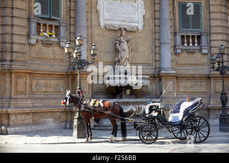 Buggy a Quattro Canti, uno dei quattro ottagonale i lati della piazza barocca di Palermo - Italia Foto Stock