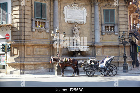 Buggy a Quattro Canti, uno dei quattro ottagonale i lati della piazza barocca di Palermo - Italia Foto Stock