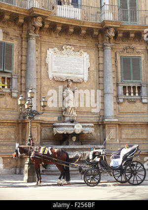 Buggy a Quattro Canti, uno dei quattro ottagonale i lati della piazza barocca di Palermo - Italia Foto Stock