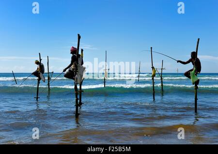 Sri Lanka, Sud della provincia, distretto di Galle, Midigama beach, Pole pescatori o Stilt pescatori velo il loro commercio lungo il litorale di Galle Foto Stock