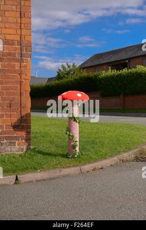 Kilsby, Northamptonshire, Regno Unito. 12 settembre 2015. Arredo urbano nel centro del villaggio sono state coperte con coperchi a maglia. Un segno accanto agli oggetti rende omaggio al Womens Institute 100 anni. Credito: Jamie grigio/Alamy Live News Foto Stock