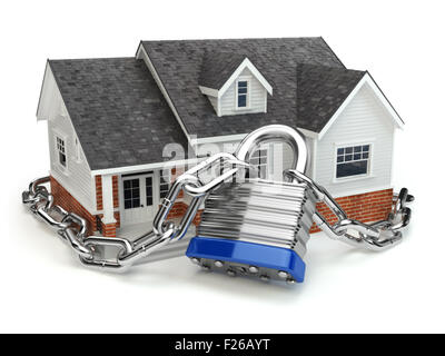 Home Concetto di sicurezza. Casa con serratura e catena. 3d Foto Stock