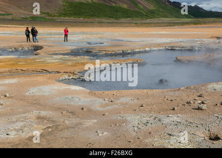 L'Islanda, Nordest Islanda, Namaskard. Namafjall (aka Hverir) Campi geotermici. Cottura a vapore di fango bollente pentole. Foto Stock