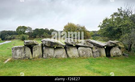 5000 anno di passaggio preistorico grave allée couverte di Mougau Bihan vicino al villaggio di Commana, Finisterre, Bretagna Francia Foto Stock