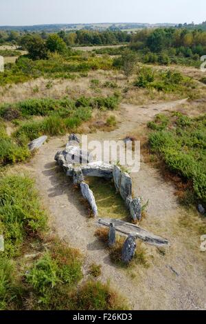 Landes de Cojoux, Saint-Just, Brittany, Francia. La preistorica barrow chambered tomba dolmen conosciuta come la quattro Sarrazin Foto Stock