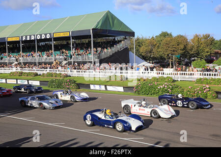 Goodwood, Sussex, Regno Unito. Xii Sep, 2015. Azione dal Goodwood, Chichester, West Sussex. Il Goodwood è una tre-giorni motoristica festival che si tiene ogni settembre a Goodwood Motor circuito per le corse su strada di auto e moto che avrebbe gareggiato durante il circuito originale del periodo 1948-1966. Credito: Oliver Dixon/Alamy Live News Foto Stock