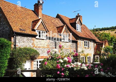 La pietra e la pietra focaia cottage con grazioso giardino nel villaggio, Turville, Buckinghamshire, Inghilterra, Regno Unito, Europa occidentale. Foto Stock