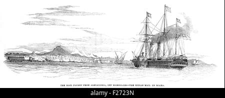 Il pacchetto di posta da Alessandria di Marsiglia. Illustrated London News luglio 1844; Bianco e Nero illustrazione; Foto Stock