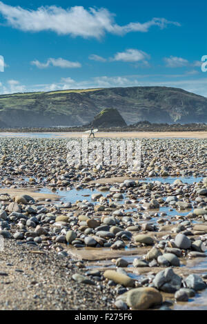 Surfer dirigendosi verso il mare a Widemouth Bay North Cornwall, Regno Unito Foto Stock